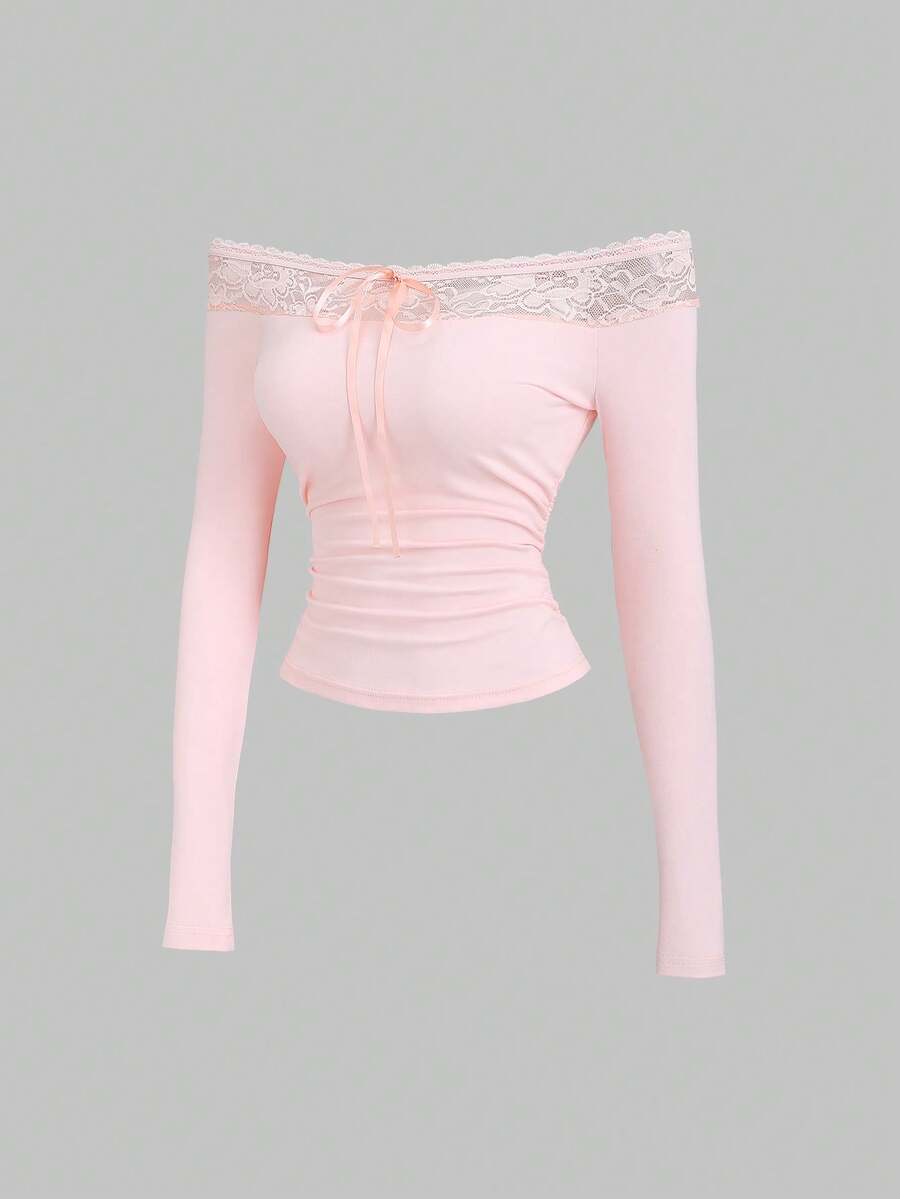 Sweetra Damen Halloween, Thanksgiving, Neujahr, geeignet für Party, Pendeln, Alltag, Reisen, Urlaub, rosa Spitze Rüschen Schleife Design Langarm Top, süß und figurbetont - Pink - Übersicht 1