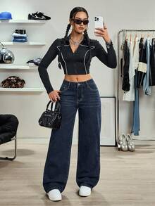 SHEIN Tall 高腰做旧深色水洗直筒牛仔裤 - 深色水洗藍 - 查看 7