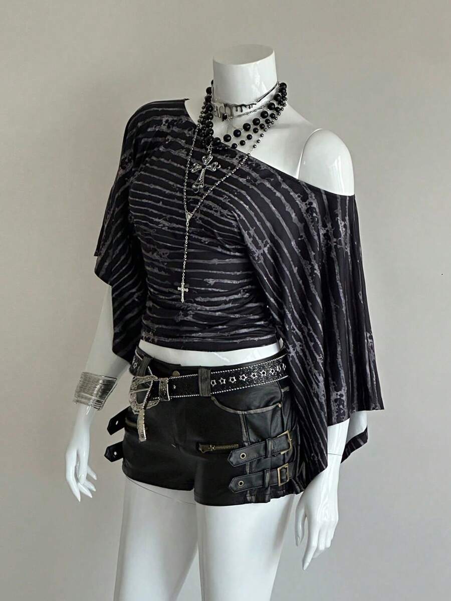 EgrlEra 女士黑色印花露肩休闲修身T恤，百搭 - 黑色 - 查看 1