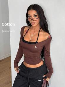 Coolane 女式冬季街头服饰复古休闲基本款针织弹力舒适棕色修身二合一挂脖圆领长袖上衣 - 棕色 - 查看 3