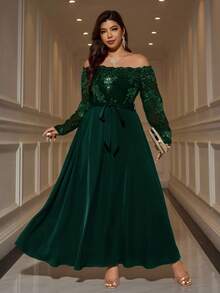 SHEIN Clasi 大码纯色亮片拼接高开衩长袖连衣裙 - 墨綠色 - 查看 5