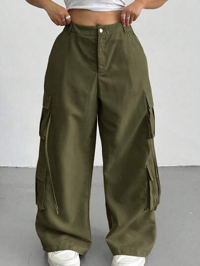 SHEIN Tall CURVE Calça feminina plus size de cor sólida com botões, estilo utilitária casual e pernas largas, versátil para o dia a dia.