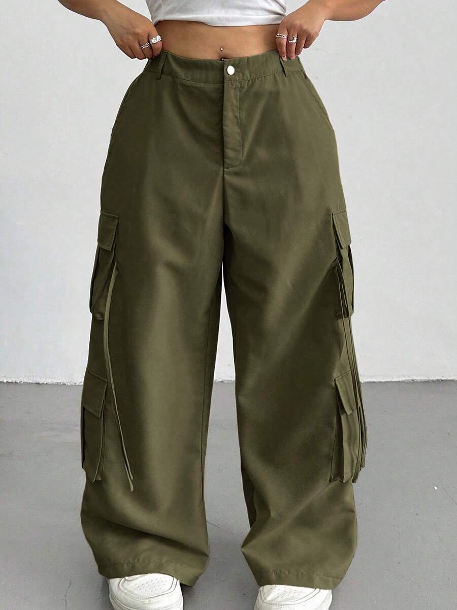 SHEIN Tall CURVE 大码女式纯色纽扣工装休闲阔腿裤，日常百搭 - 軍綠色 - 查看 1