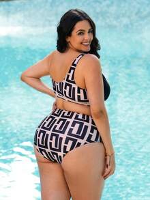 Swim Lushoire Plus Size Women Asymmetric Design Plaid Print Beach Vacation Style Swimsuit 2 Pieces Set, Elegant Contrast Color Swimwear For Holiday - Black - View 2