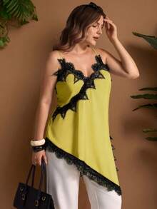 Elegantrix Áo camisole nữ cỡ lớn phong cách thành thị thường ngày, phối ren, vạt bất đối xứng, cổ chữ V, màu trơn. - Màu vàng - Xem 1