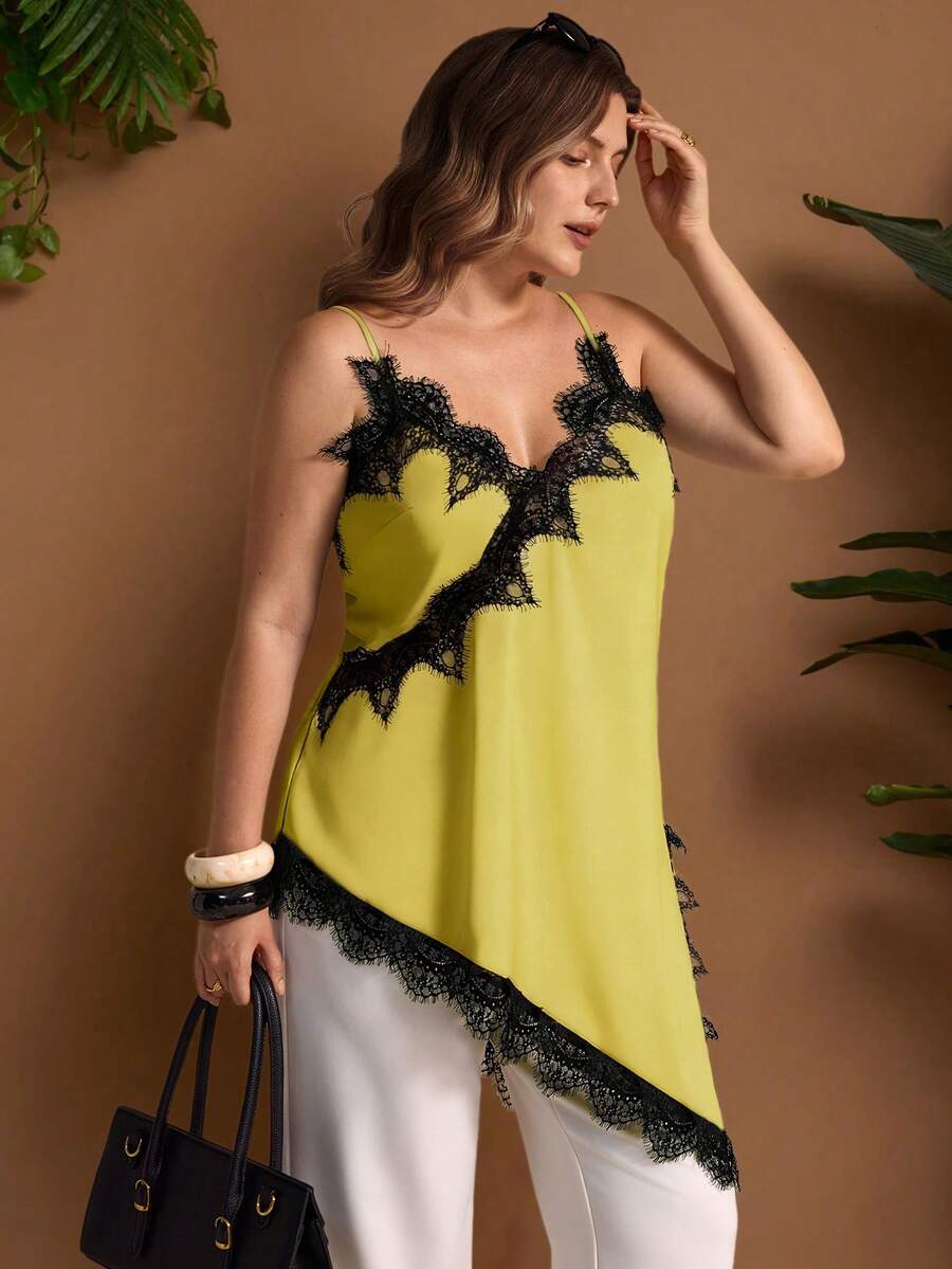Elegantrix Áo camisole nữ cỡ lớn phong cách thành thị thường ngày, phối ren, vạt bất đối xứng, cổ chữ V, màu trơn. - Màu vàng - Xem 1