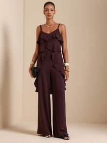 SHEIN Veneréa Women's V-Neck Ruffle Trim Asymmetrical Camisole And Straight Leg Pants 2 Pieces Set