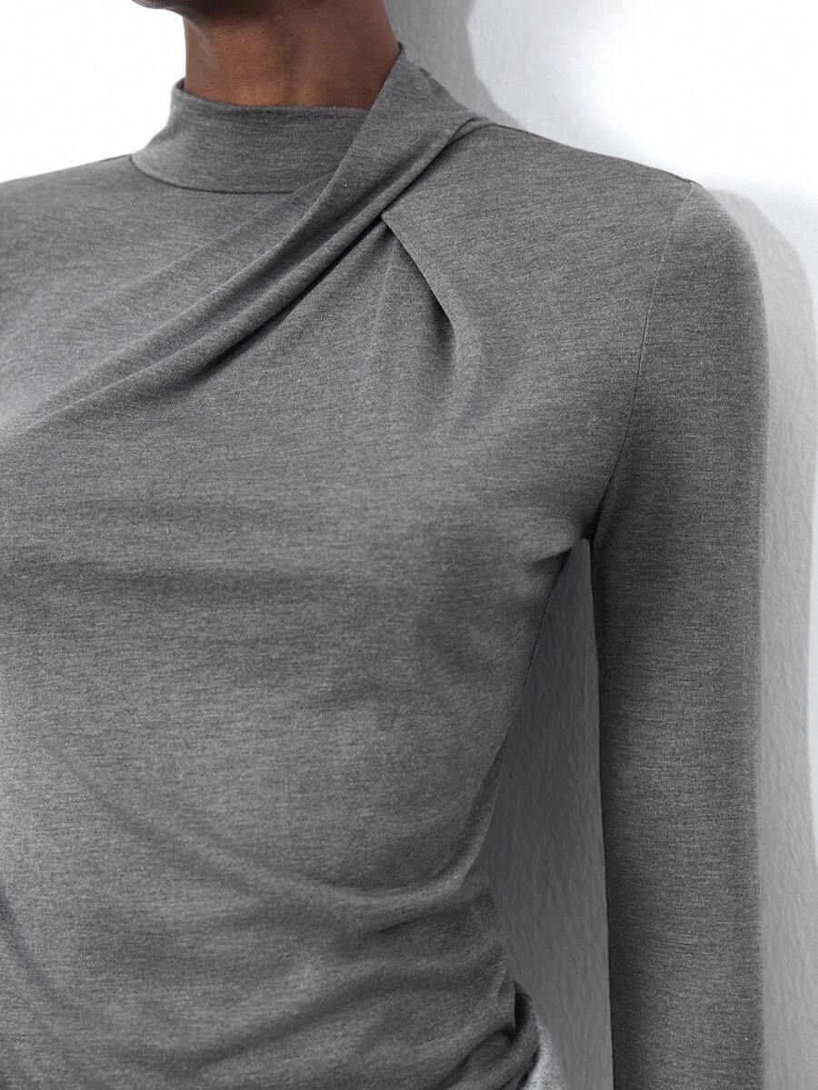 Maija Camiseta de manga larga ajustada con detalle de nudo en el frente, color gris, casual y cómoda para el estilo de vida urbano, adecuada para otoño/invierno y primavera para mujeres - Gris - Ver 1