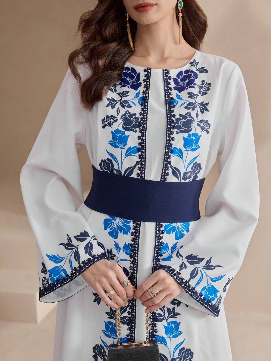 Al Najma Traditional Turkish/Arabic Style Long Tunic Dress For Women, Blue & White Printed Arabic Dress For Women Abaya For Women Dubai - Blue and White - View 1