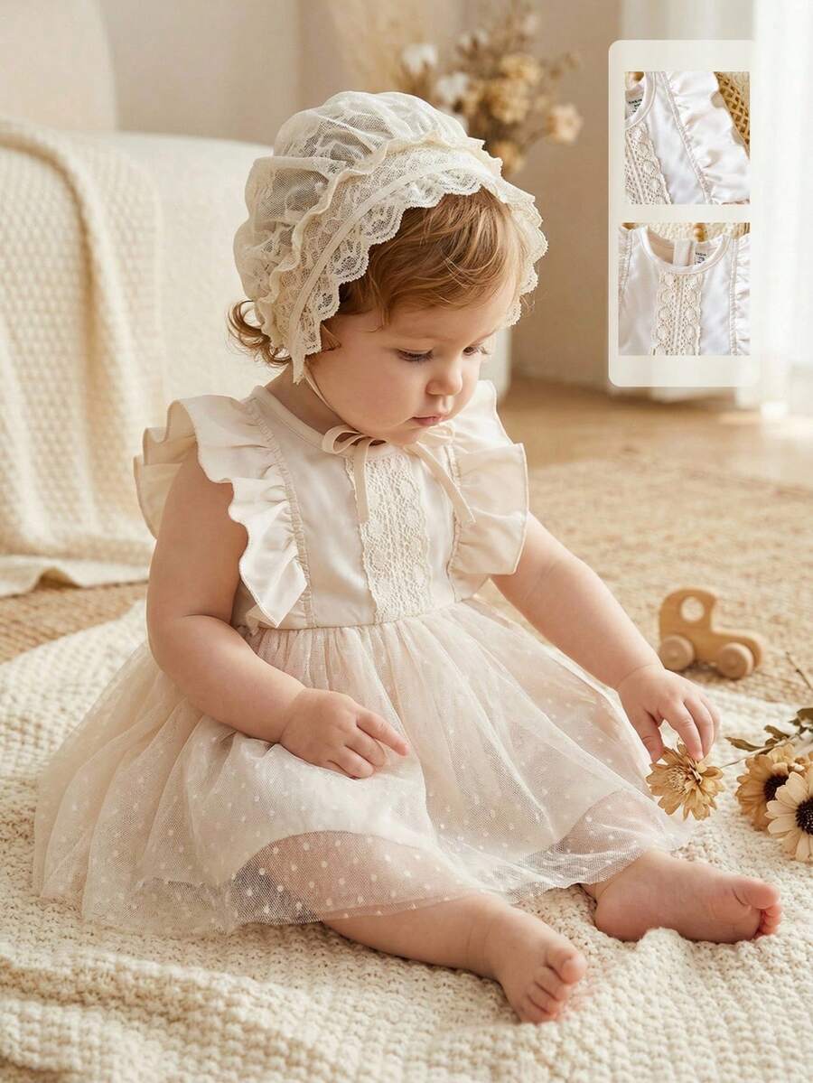 SHEIN 1pc Baby Girls Sleeveless Apricot Lace Trim Mesh Casual Dress, Cute Skirt Suitable For Spring/Summer Outings And Vacations - Apricot - View 1