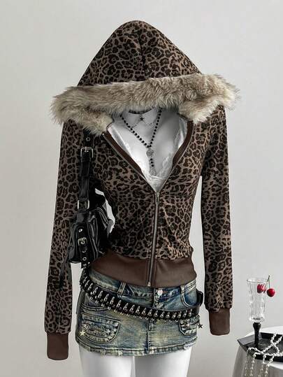 Elamini Women's Gray Leopard Print Faux Fur Collar Splice Pocket Hooded Sweatshirt, Slim Fit, Fashionable For Commuting, Casual, School, Teacher's Day, Versatile For Autumn/Winter