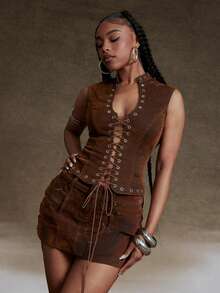 Denimoi 丝绒牛仔系带无袖上衣 演唱会服装 时尚街头风性感上衣 - 棕色 - 查看 5