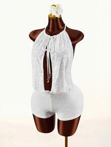 Amplova Women's Lace-Up Front Hollow Out Sexy Bodysuit Romper - White - View 1