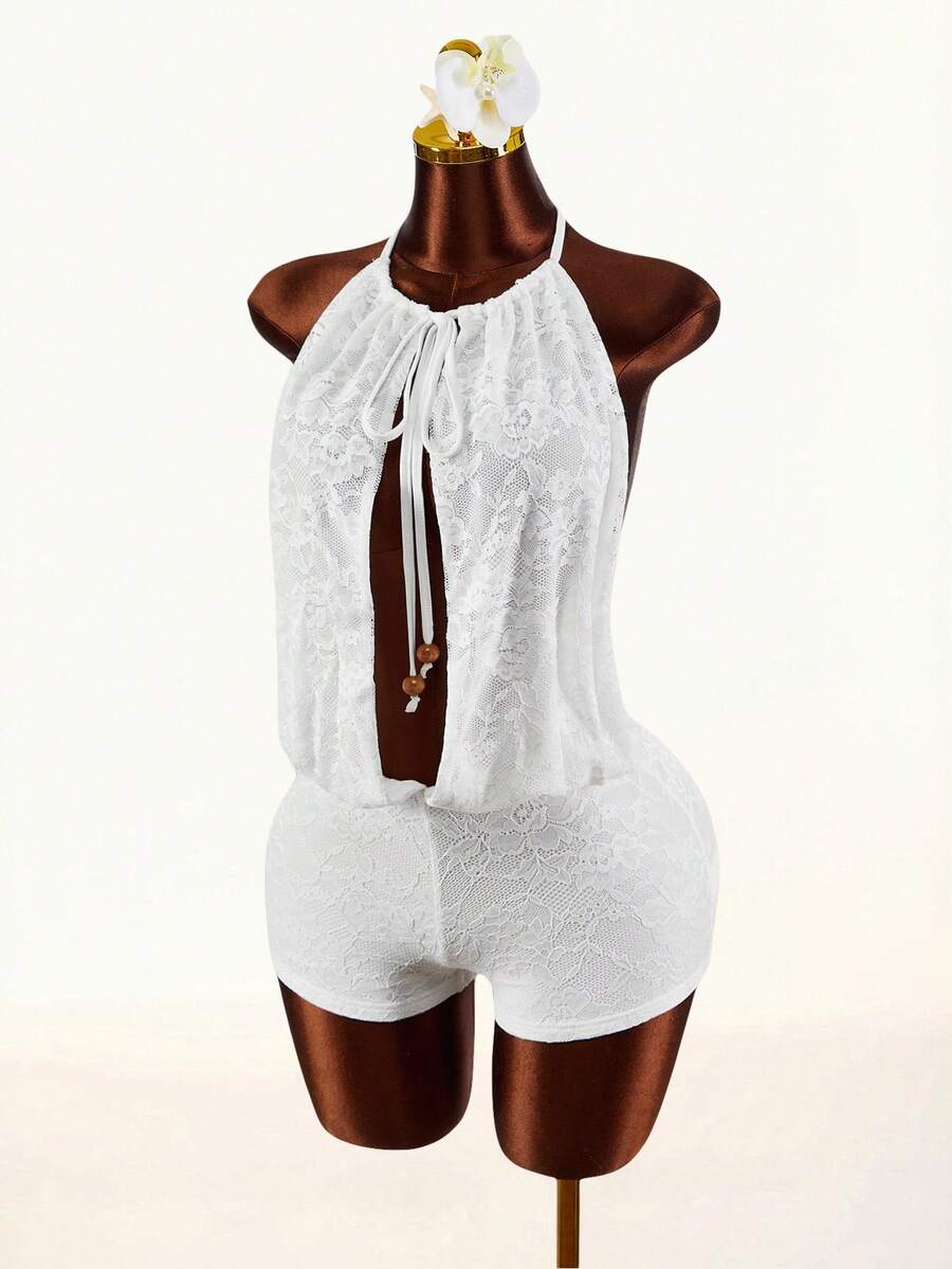 Amplova Women's Lace-Up Front Hollow Out Sexy Bodysuit Romper - White - View 1