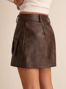 SHEIN EZwear 女士纯色前扣口袋简约半身裙，休闲日常穿着 - 棕色 - 查看 5