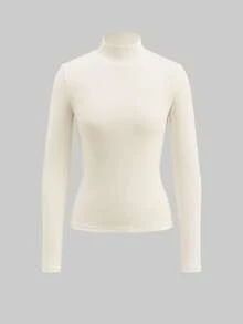SHEIN BASICS 休闲简约杏色罗纹纯色女式T恤 嘉年华女式长袖上衣 高领女式奶油色上衣 - 杏色 - 查看 6