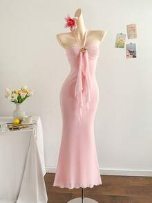 Soleia 女士度假蓝色针织网纱浪漫修身露背系带金属扣装饰鱼尾连衣裙，适合派对、圣诞节、约会、夜店、波西米亚风、度假、秋季等场合。 - 粉色 - 查看 8