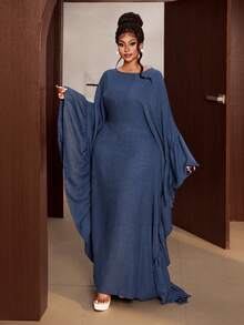 Maweii Plus Size Elegant Solid Color Tie-Waist Batwing Sleeve Dress - Blue - View 5