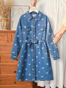 SHEIN Girls' Spring & Autumn Lapel Long Sleeve Fashionable Western-Style Washed Denim Dress, Suitable For Attending Friend Gatherings, Traveling, And Leisure Wear - Blue - View 3