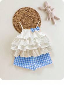 Babygirl Summer Cute Vacation Ruffle Camisole Top And Plaid Shorts Set - Blue - View 2
