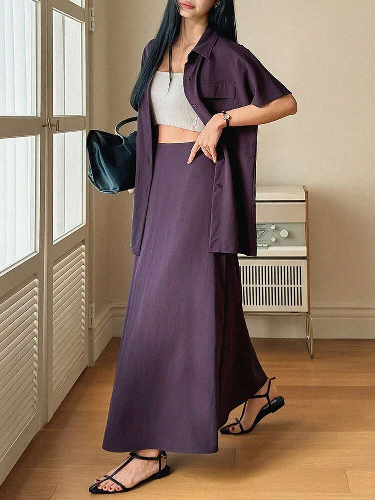 Women's Solid Color Short Sleeve Pocket Shirt And Skirt Casual 2 Pieces Set Summer