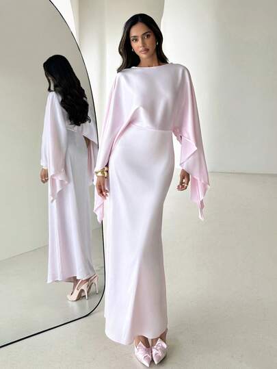 Aloruh Women's Elegant Party/Valentine's Day Batwing Sleeve Boat Neck Pink Satin Dress