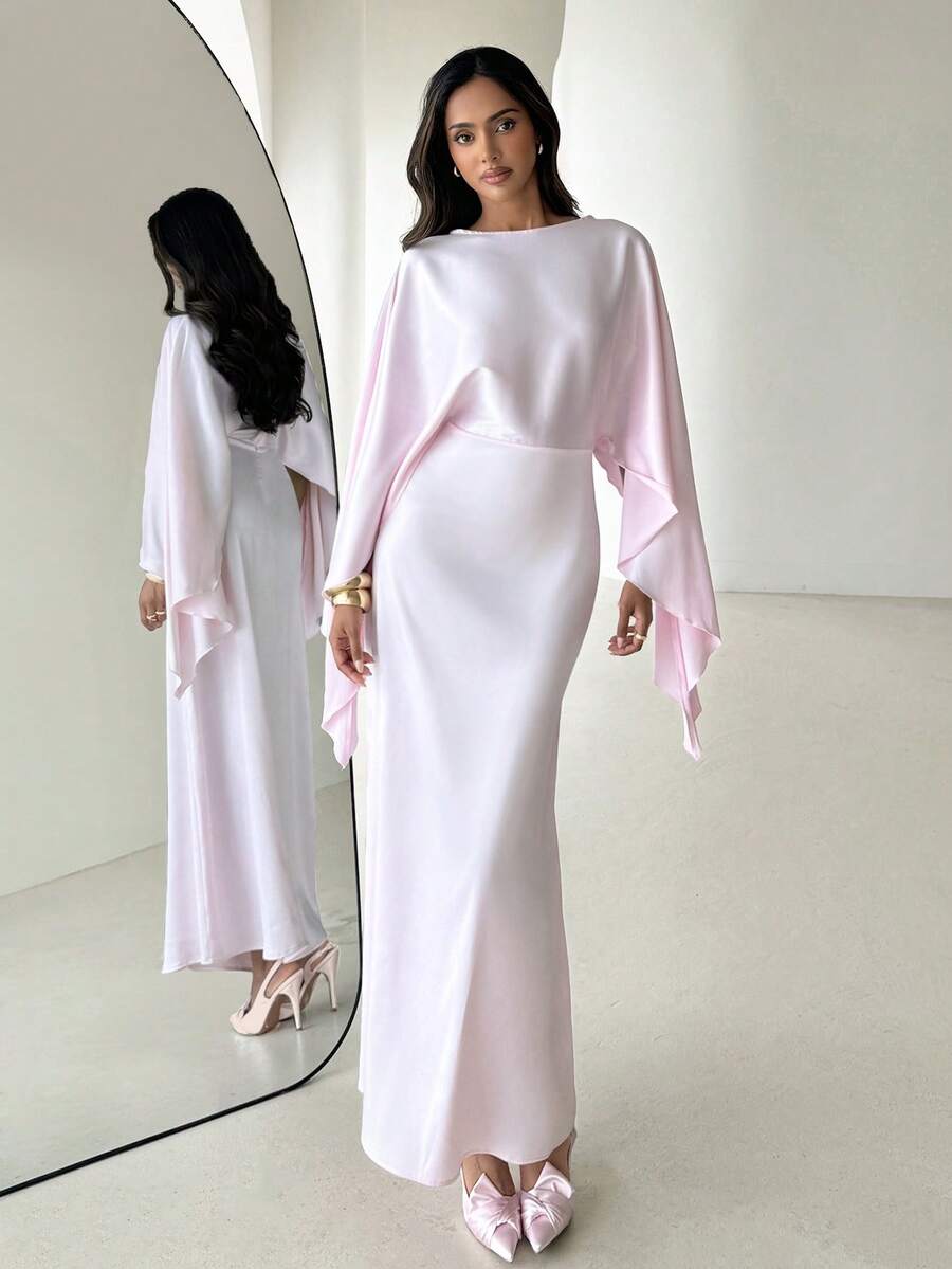 Aloruh 女士优雅派对/情人节蝙蝠袖船领粉色缎面连衣裙