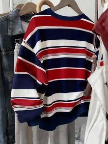 SHEIN 韩版时尚百搭彩色条纹图案卫衣，适合外套、摄影、露营、秋季、冬季、返校季穿着，女士常规圆领 - 彩色 - 查看 2