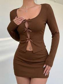Aloruh Young Lady's Crew Neck Front Hollow Bow Tie Long Sleeve Tight Cropped T-Shirt + Low Waist Mini Skirt - Rust Brown - View 6