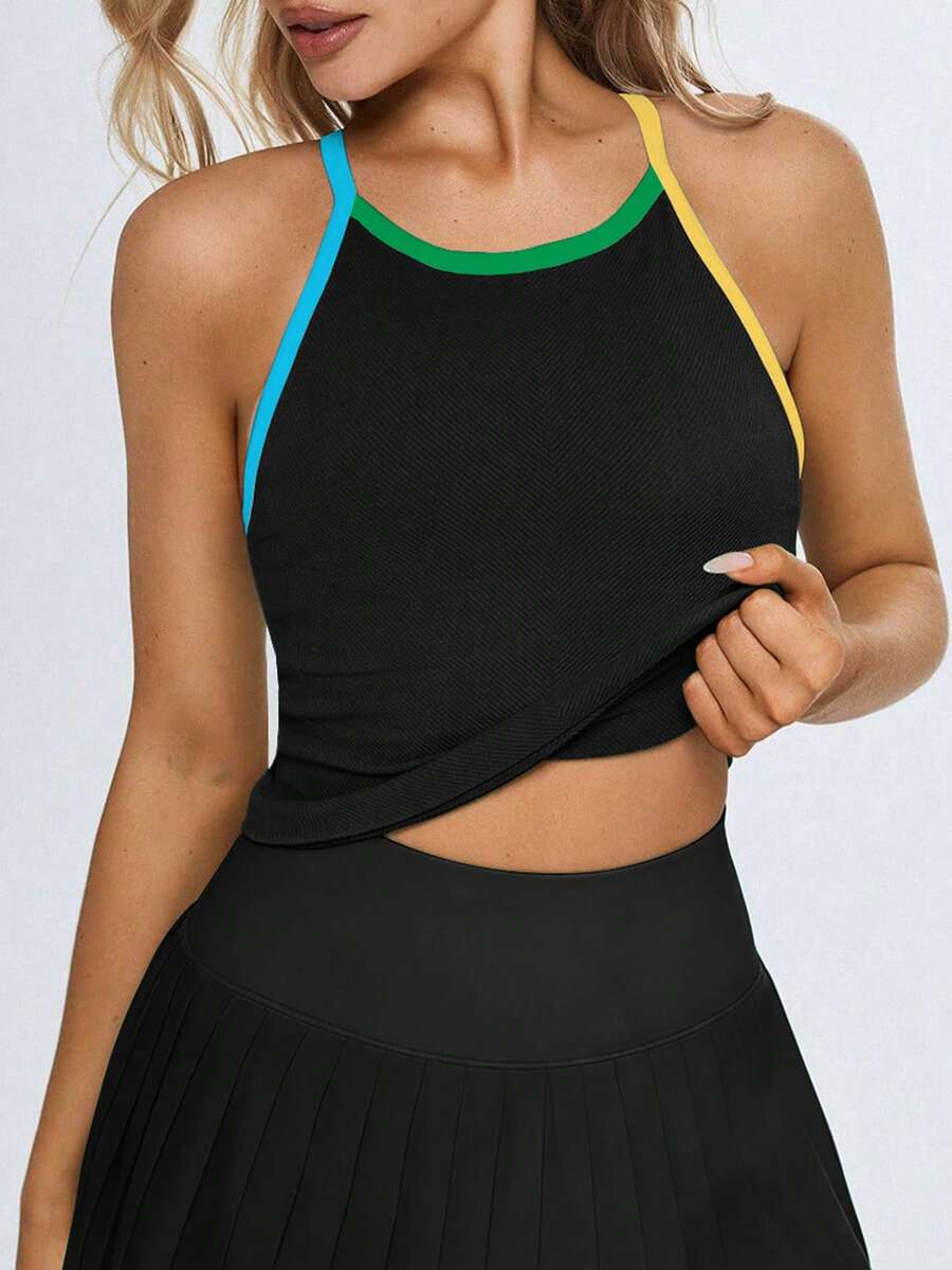 Eassivo Eassivo Women's Black Seamless Contrast Binding Fitted Sports Camisole With Chest Pads - Black - View 1