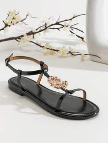 SHUZIA Sandales à bride de cheville avec ornement métallique minimaliste pour femmes - Noir - Voir 7