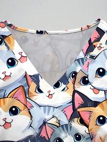 PopScrub Conjunto de Uniforme com Estampa de Gato Fofo Cartoon, Top Decote V de Manga Curta com Bolso e Calça com Bainha Dividida, Primavera/Verão - Multicolorido - Visão 5