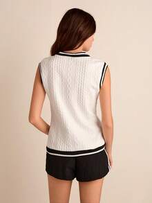 Easelle Cable Knit Striped Trim Tank Top - White - View 2