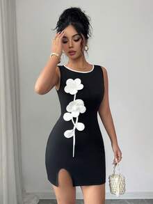 Rafferiza Đầm ngắn nữ không tay cổ tròn họa tiết hoa 3D, thắt eo, xẻ tà bên hông. - màu đen - Xem 7