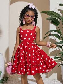 SHEIN Tween Girl Summer Vacation Style Floral Print Halter Neck Cutout Waist Sun Dress,Red Dresses - Red and White - View 3