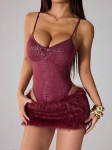 SHEIN PETITE Women's Sexy Crocodile Print Camisole Jumpsuit & Fluffy Mini Skirt 2 Pieces Set, Summer - Burgundy - View 7