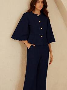 Aveloria Rosie Elegante traje de chaqueta y pantalones con cintura ceñida y mangas abullonadas en espiga - Azul - Ver 5