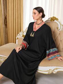 Al Najma Women's Patchwork Striped Print V-Neck Fringe Design Loose Arabic Dress Kaftan Jalabiya Dress - Black - View 7