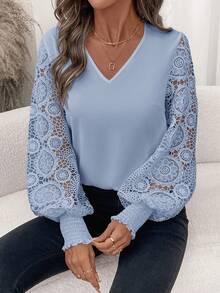 SHEIN Clasi Winter And Fall Elegant Women's White V-Neck Long Sleeve Splicing Hollow Lace Sleeve Hollow Out Blouse - Baby Blue - View 6
