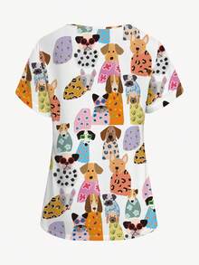 PopScrub 时尚卡通狗狗动物印花V领短袖女式/护士服上衣，春夏款 - 彩色 - 查看 3