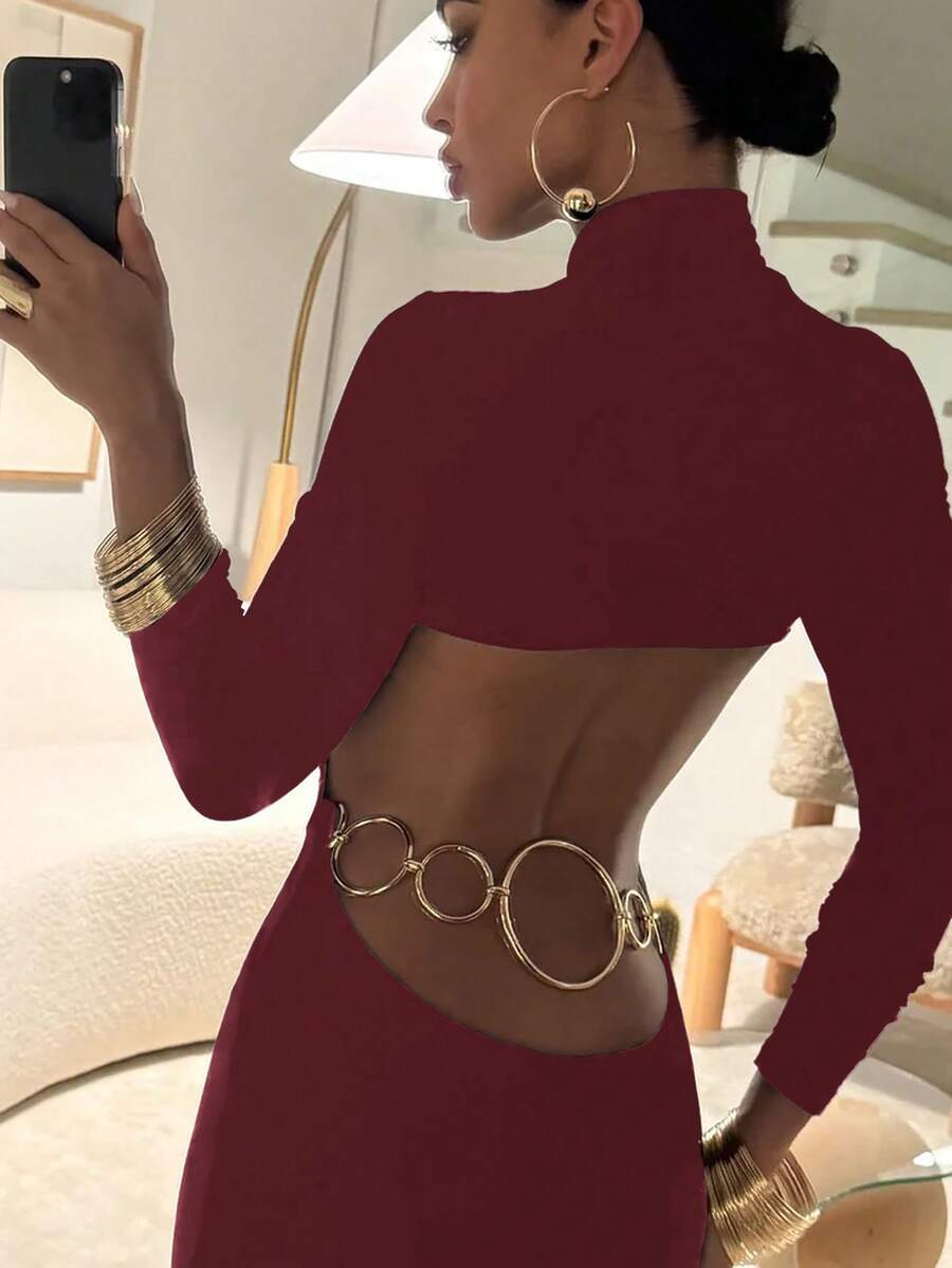 Siren Gaze Women's Solid Color Ring Decor Backless Fitted Long Sleeve Dress Spring Valentine's Day Party Elegant Red Wedding - Burgundy - View 1