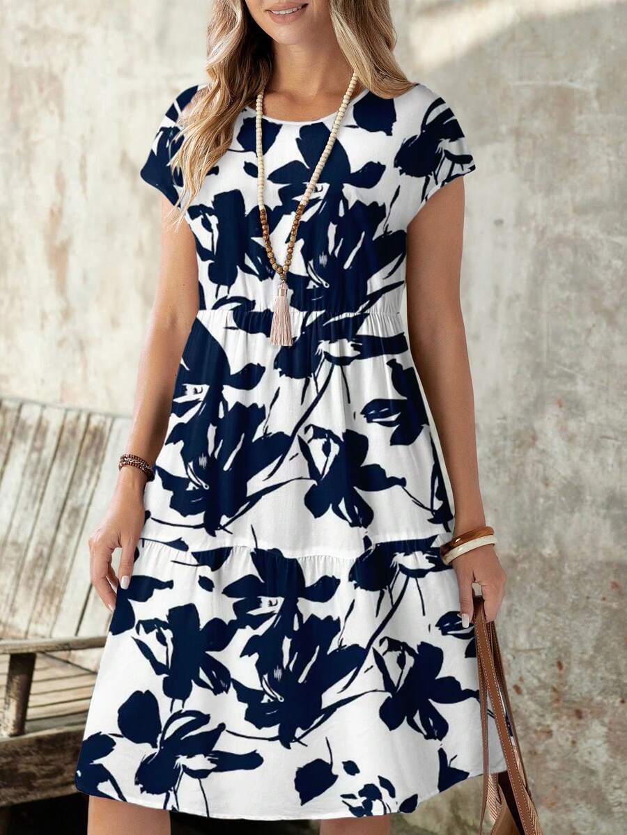 EMERY ROSE 女士休闲宽松圆领短袖中长连衣裙，适合春夏穿着，优雅碎花连衣裙，蓝白碎花连衣裙，休闲款