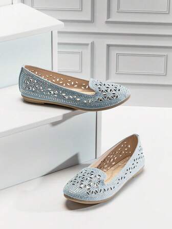 Mini mi Bailarinas azules de niña con puntera redonda, totalmente con flores de cristal - Elegantes, brillantes y perfectas para eventos especiales