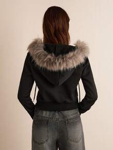 Easelle 女士毛绒拼接拉链前休闲连帽运动衫，秋冬 - 黑色 - 查看 2