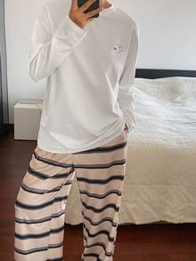 DAZY 2pcs Women Rabbit & English Text Graphic Loose Long Sleeve Striped Pants Pajama Set - White - View 3