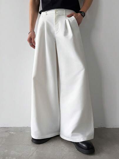 Claim Dot Men's Casual Solid Color Pleated Slant Pocket Loose Wide Leg Pants White Baggy Pants Japanese Pants Oversized Pants Pleated Pants Loose Pants
