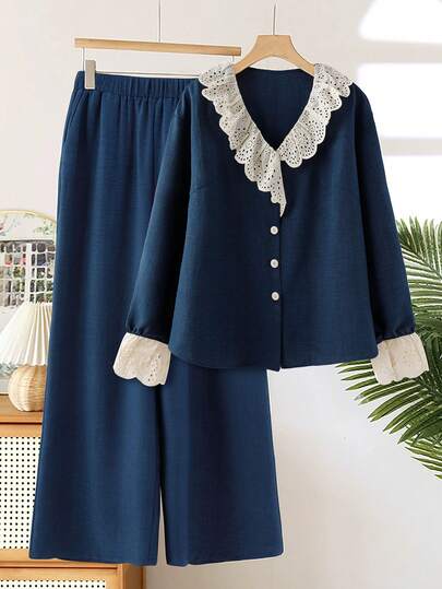 Franclia Plus Size Women Lace Collar V-Neck Button Front Long Sleeve Casual 2-Piece Set