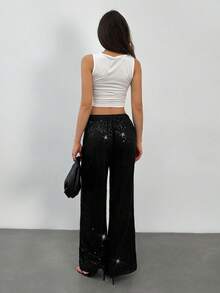 SHEIN Tall Women's Fashionable Commuter Sequin Wide Leg Pants Glitter Pants Sequin Pants Rhinestone Pants Sparkle Pants Black Sequin Pants Wide Leg Sequin Pants Sequins Clothing Women Sparkly Pants Sparkly Black Pants - Black - View 2