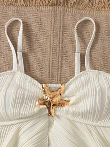 Tween Girl Apricot Textured Spaghetti Strap Bikini Set, Apricot Teen Swimsuit, Gold Shell Decor Girls Spring/Summer Swimwear - Apricot - View 2