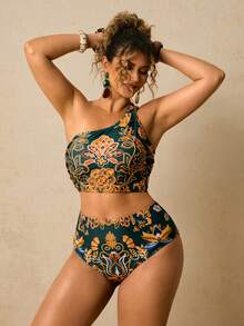 Travachic Conjunto de bikini de talla grande con estampado tropical y detalle calado en el escote, casual para vacaciones en la playa en verano - Verde Oscuro - Ver 1